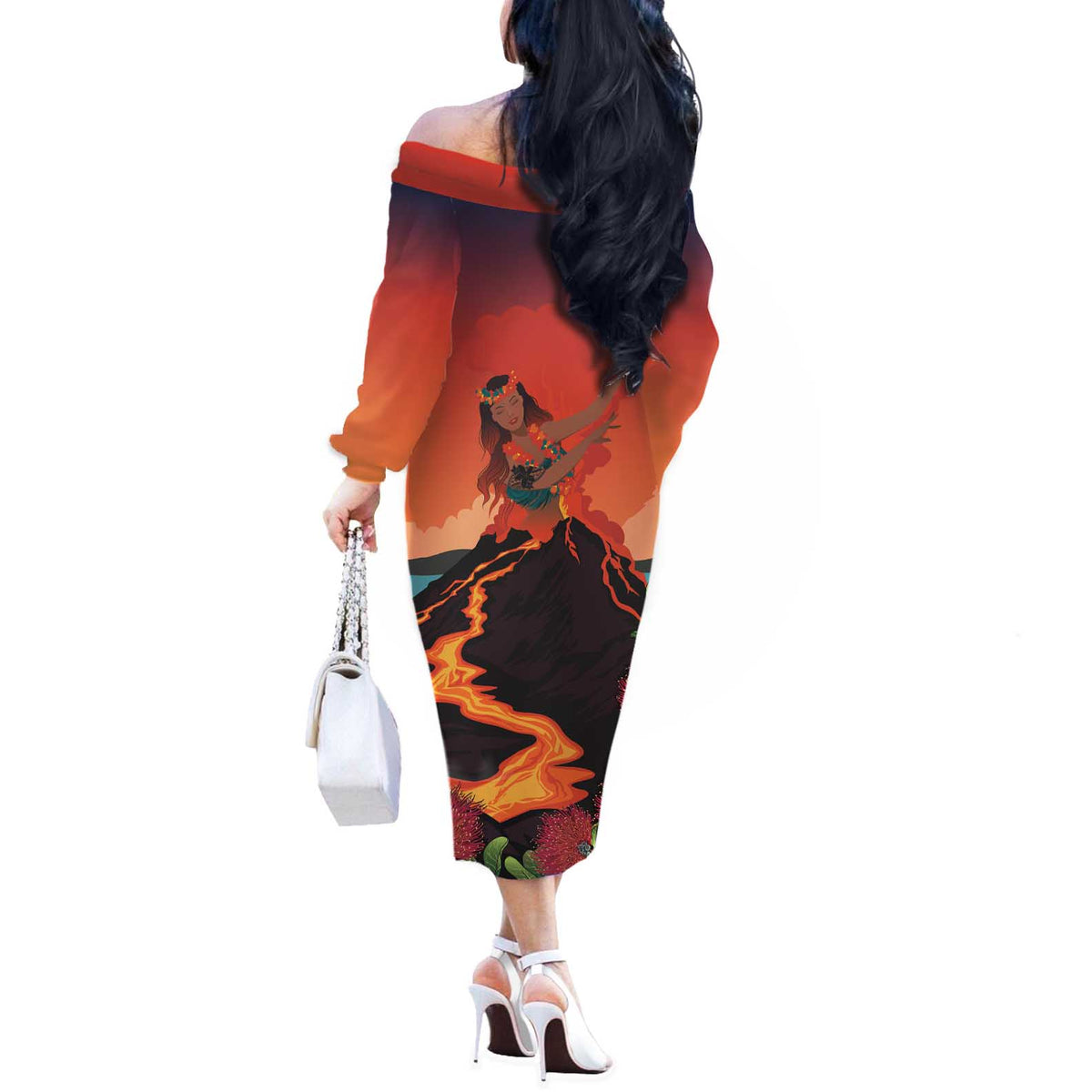 Hawaii Kilauea Volcano Off The Shoulder Long Sleeve Dress Pele Goddess