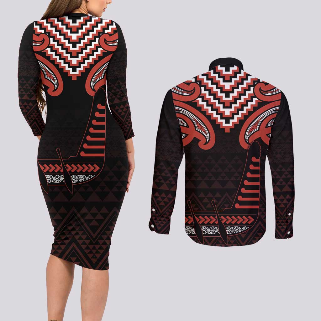 Maori Waitangi Couples Matching Long Sleeve Bodycon Dress and Long Sleeve Button Shirt Kotahitanga Poutama Mix Whakairo LT7 - Polynesian Pride