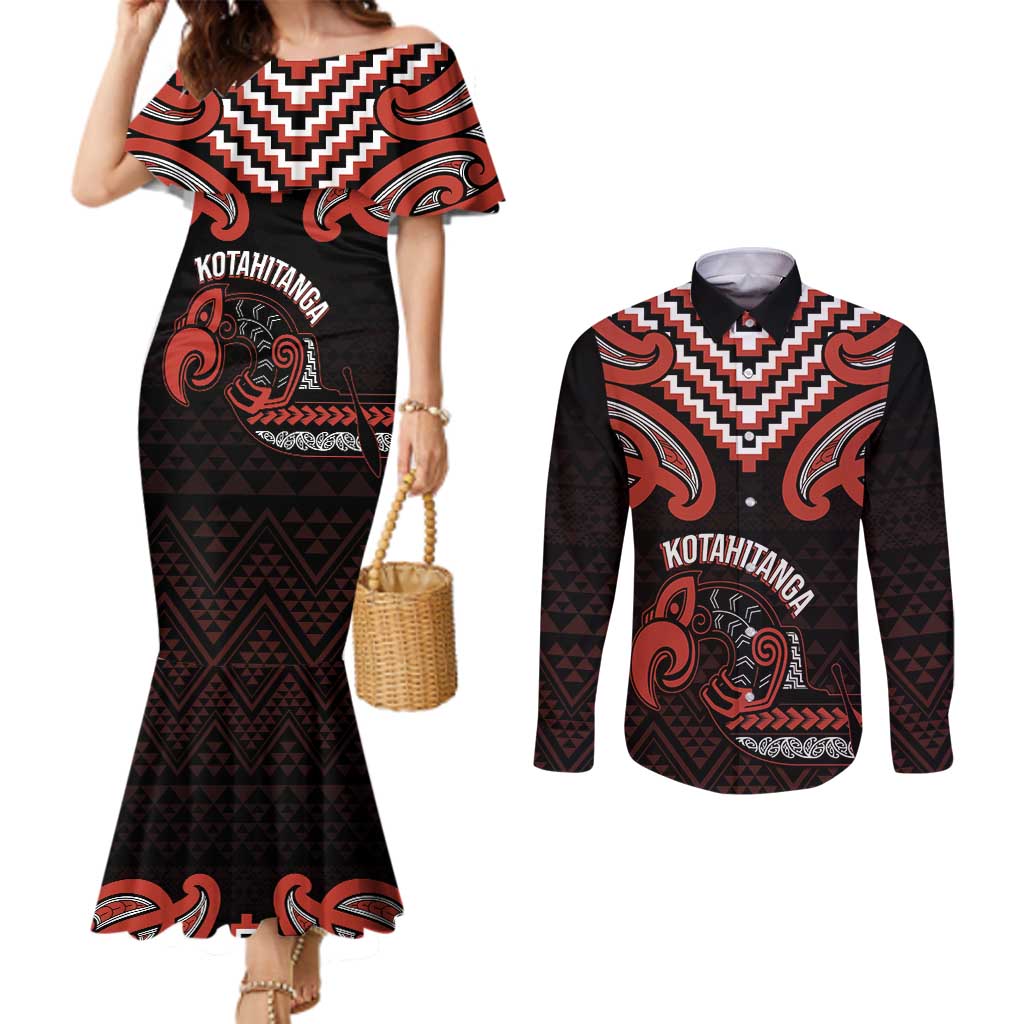 Maori Waitangi Couples Matching Mermaid Dress and Long Sleeve Button Shirt Kotahitanga Poutama Mix Whakairo LT7 Black - Polynesian Pride