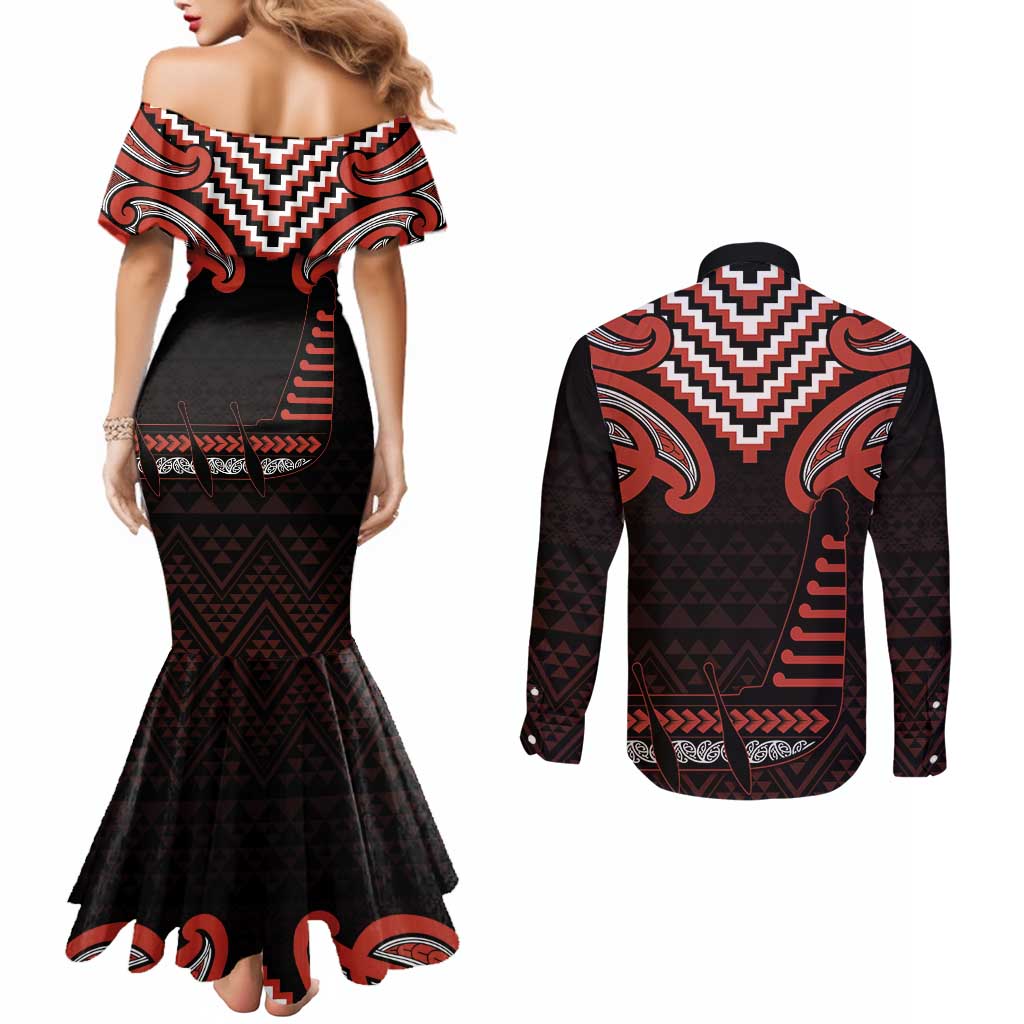 Maori Waitangi Couples Matching Mermaid Dress and Long Sleeve Button Shirt Kotahitanga Poutama Mix Whakairo LT7 - Polynesian Pride