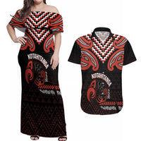 Maori Waitangi Couples Matching Off Shoulder Maxi Dress and Hawaiian Shirt Kotahitanga Poutama Mix Whakairo LT7 Black - Polynesian Pride