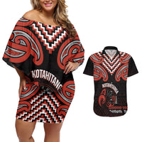 Maori Waitangi Couples Matching Off Shoulder Short Dress and Hawaiian Shirt Kotahitanga Poutama Mix Whakairo LT7 Black - Polynesian Pride