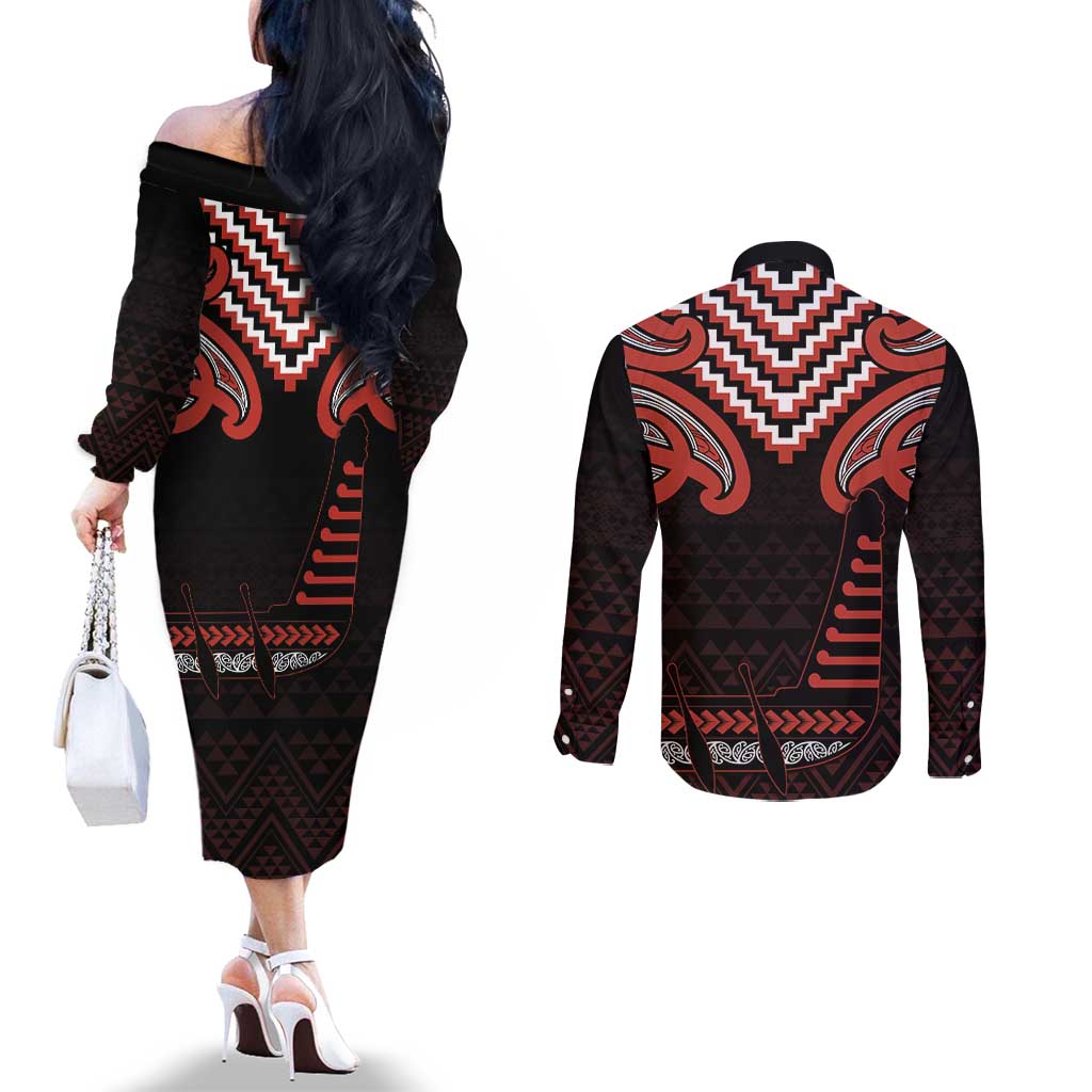 Maori Waitangi Couples Matching Off The Shoulder Long Sleeve Dress and Long Sleeve Button Shirt Kotahitanga Poutama Mix Whakairo LT7 - Polynesian Pride