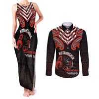 Maori Waitangi Couples Matching Tank Maxi Dress and Long Sleeve Button Shirt Kotahitanga Poutama Mix Whakairo LT7 Black - Polynesian Pride