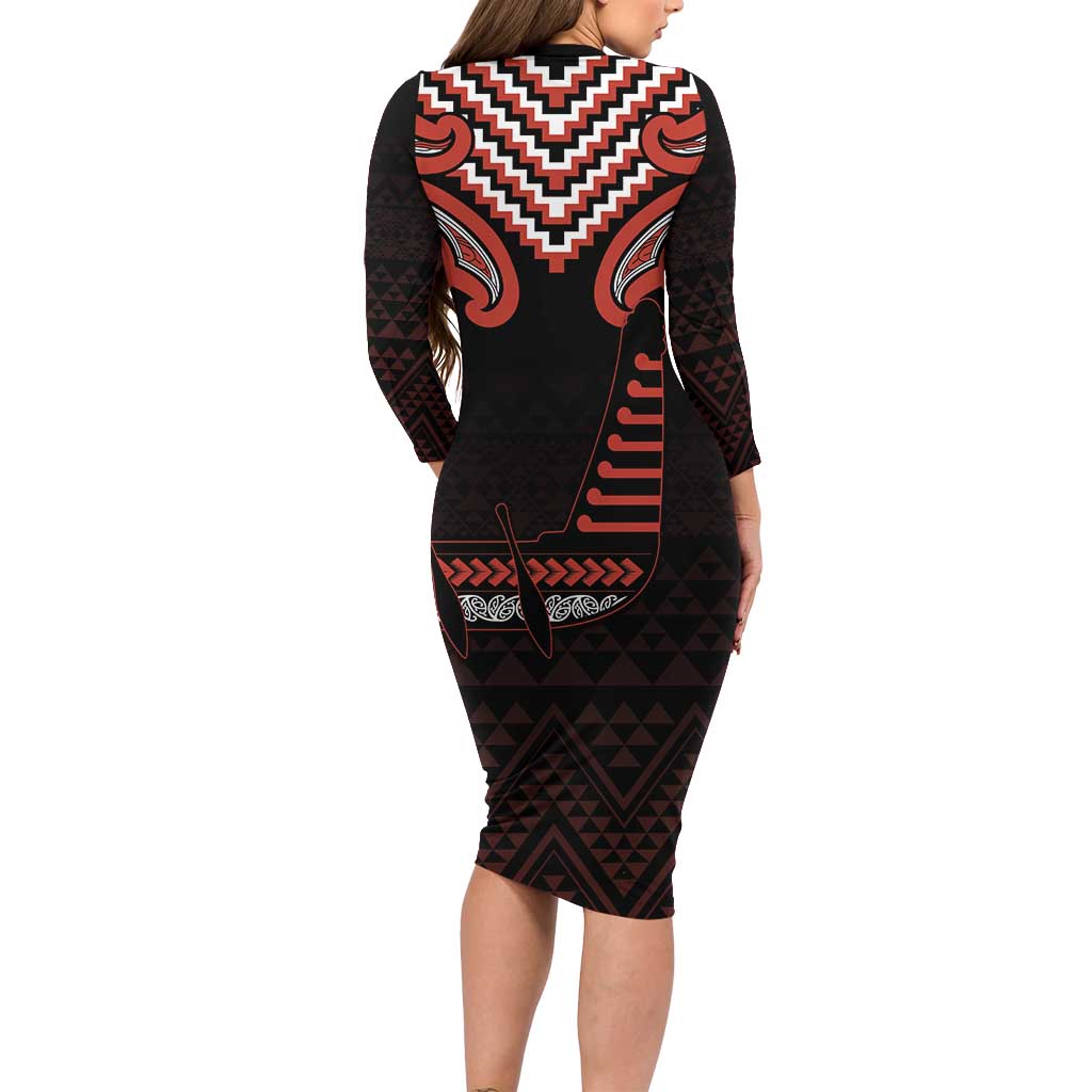 Maori Waitangi Long Sleeve Bodycon Dress Kotahitanga Poutama Mix Whakairo LT7 - Polynesian Pride
