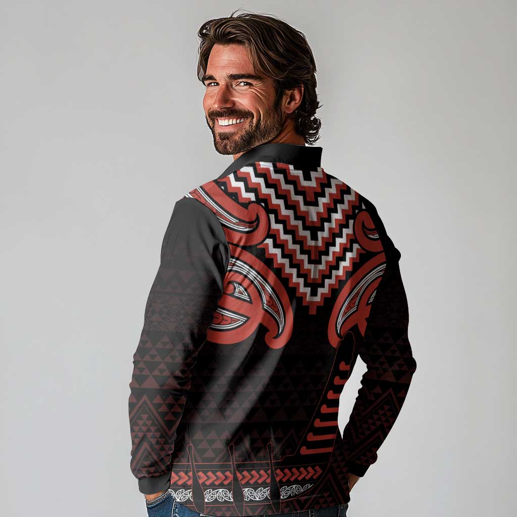 Maori Waitangi Long Sleeve Polo Shirt Kotahitanga Poutama Mix Whakairo - Polynesian Pride