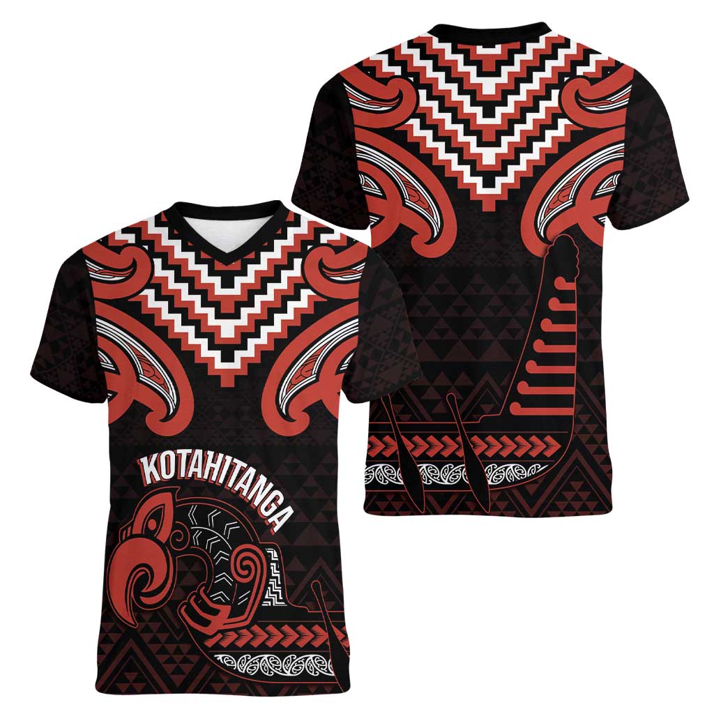 Maori Waitangi Women V-Neck T-Shirt Kotahitanga Poutama Mix Whakairo - Polynesian Pride