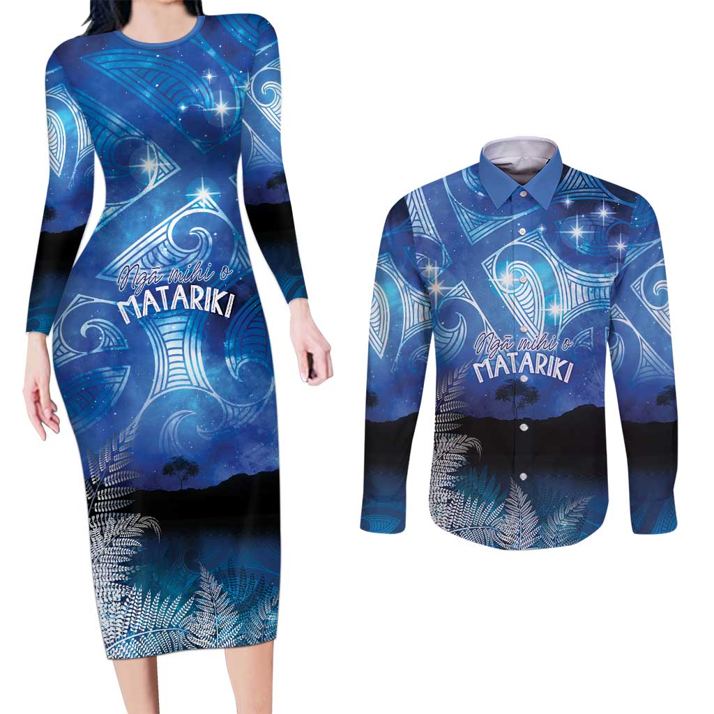 NZ Maori Matariki Scenery Couples Matching Long Sleeve Bodycon Dress and Long Sleeve Button Shirt Galaxy Sky LT7 Galaxy - Polynesian Pride