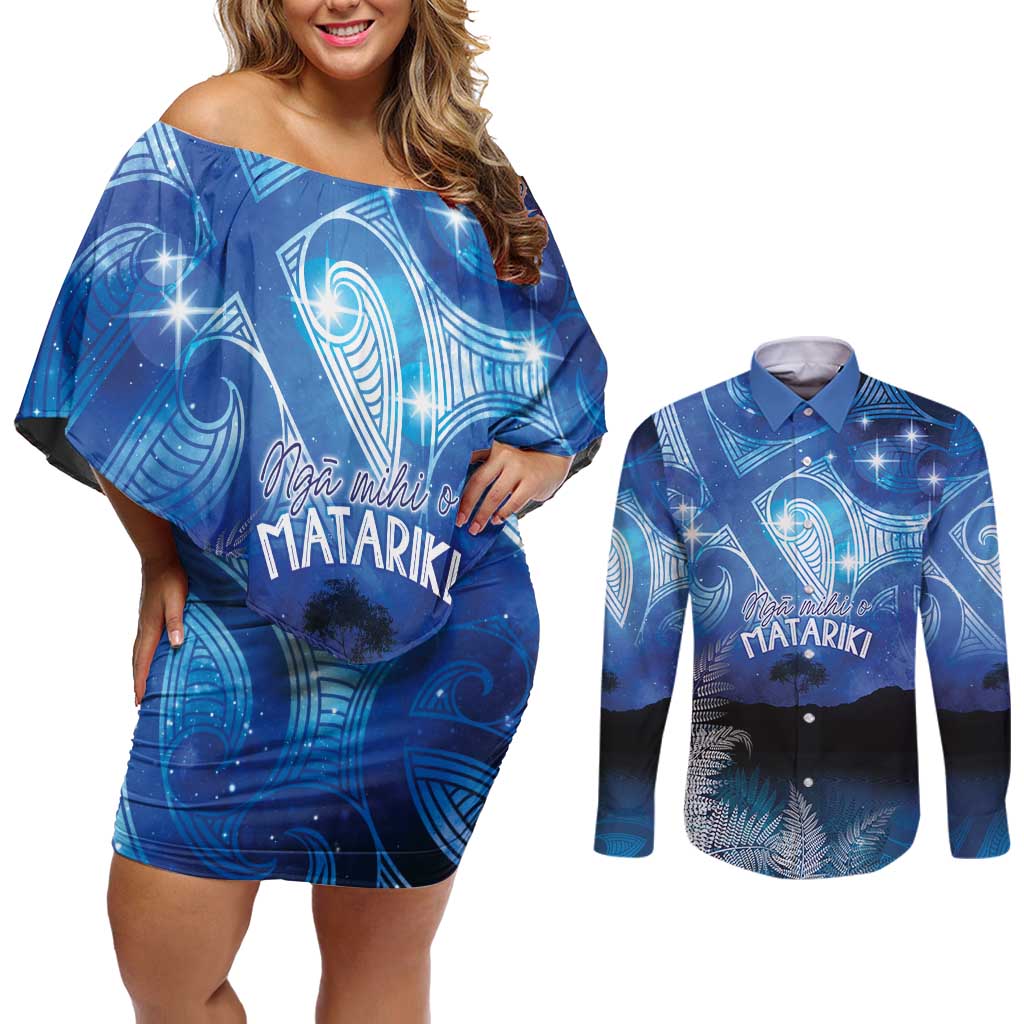 NZ Maori Matariki Scenery Couples Matching Off Shoulder Short Dress and Long Sleeve Button Shirt Galaxy Sky LT7 Galaxy - Polynesian Pride