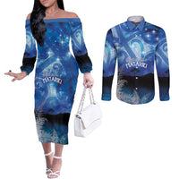 NZ Maori Matariki Scenery Couples Matching Off The Shoulder Long Sleeve Dress and Long Sleeve Button Shirt Galaxy Sky LT7 Galaxy - Polynesian Pride
