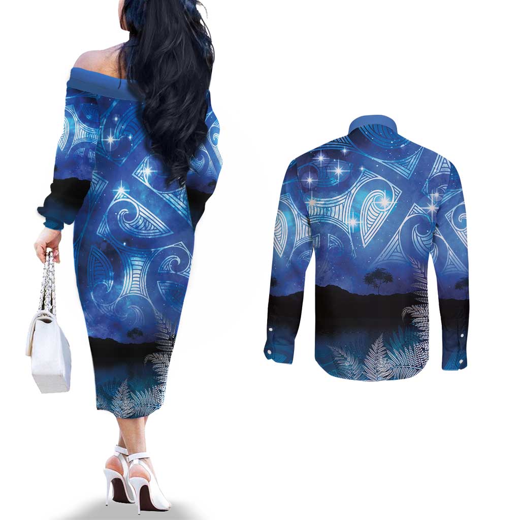 NZ Maori Matariki Scenery Couples Matching Off The Shoulder Long Sleeve Dress and Long Sleeve Button Shirt Galaxy Sky LT7 - Polynesian Pride