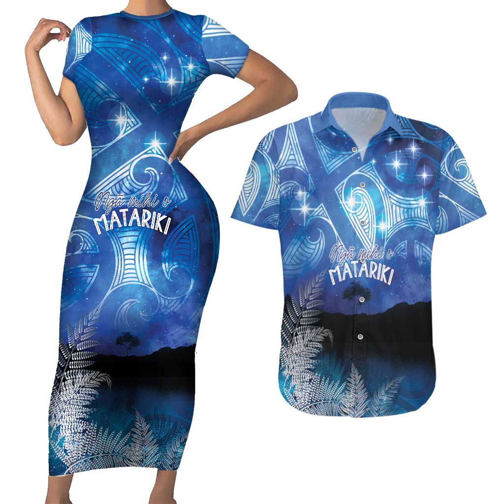 NZ Maori Matariki Scenery Couples Matching Short Sleeve Bodycon Dress and Hawaiian Shirt Galaxy Sky LT7 Galaxy - Polynesian Pride