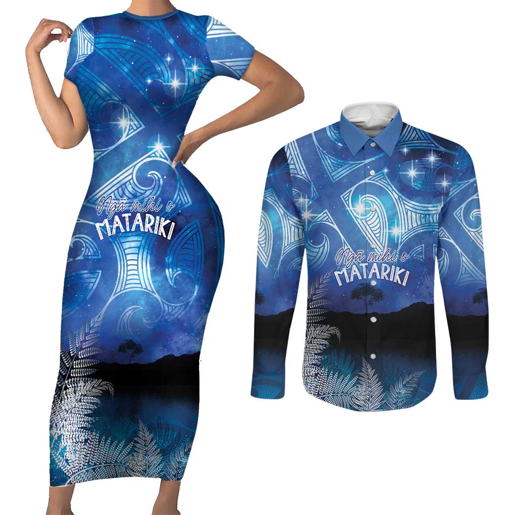 NZ Maori Matariki Scenery Couples Matching Short Sleeve Bodycon Dress and Long Sleeve Button Shirt Galaxy Sky