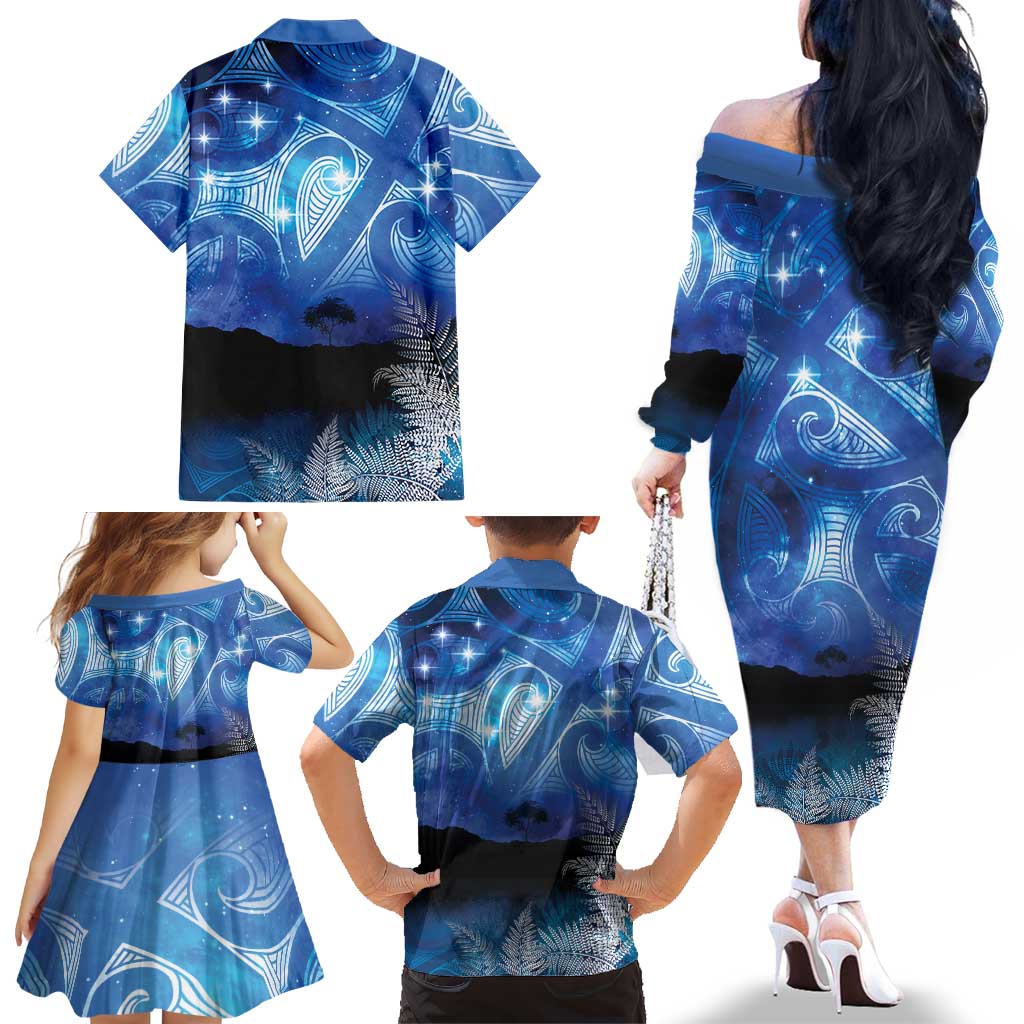 NZ Maori Matariki Scenery Family Matching Off The Shoulder Long Sleeve Dress and Hawaiian Shirt Galaxy Sky