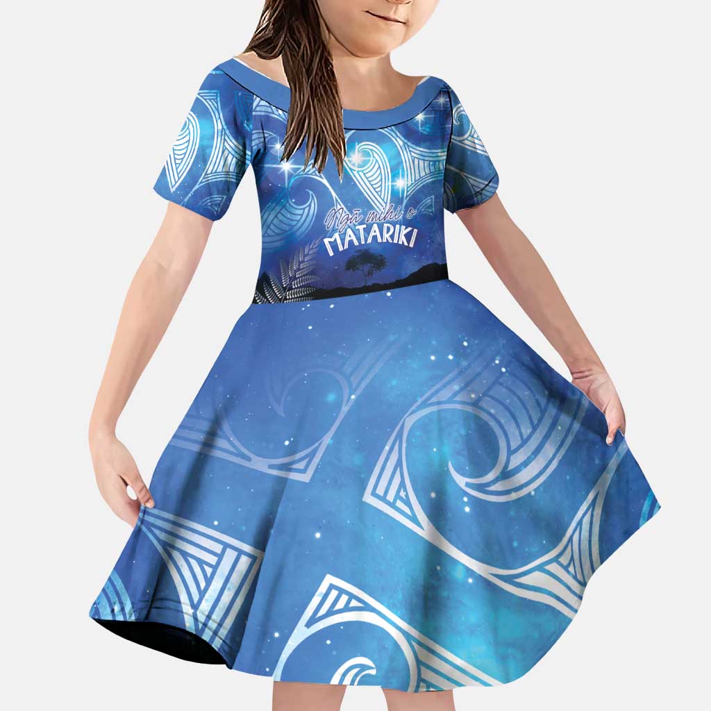 NZ Maori Matariki Scenery Family Matching Off Shoulder Short Dress and Hawaiian Shirt Galaxy Sky LT7 Daughter's Dress Galaxy - Polynesian Pride