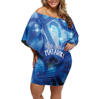 NZ Maori Matariki Scenery Family Matching Off Shoulder Short Dress and Hawaiian Shirt Galaxy Sky LT7 Mom's Dress Galaxy - Polynesian Pride