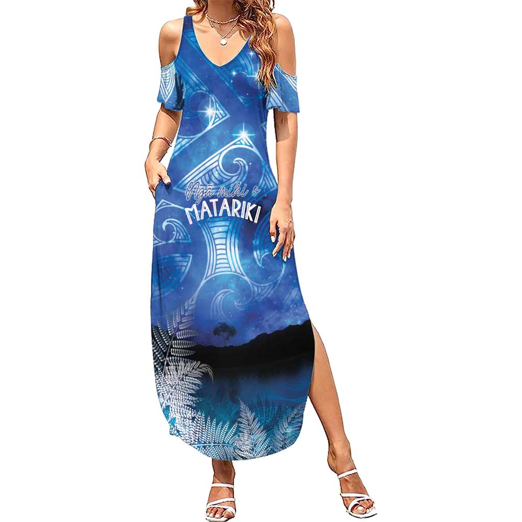NZ Maori Matariki Scenery Family Matching Summer Maxi Dress and Hawaiian Shirt Galaxy Sky LT7 Mom's Dress Galaxy - Polynesian Pride
