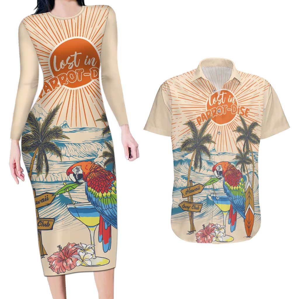 Personalized Christmas In July - Hawaii Retro Couples Matching Long Sleeve Bodycon Dress and Hawaiian Shirt Lost In Parrot-dise