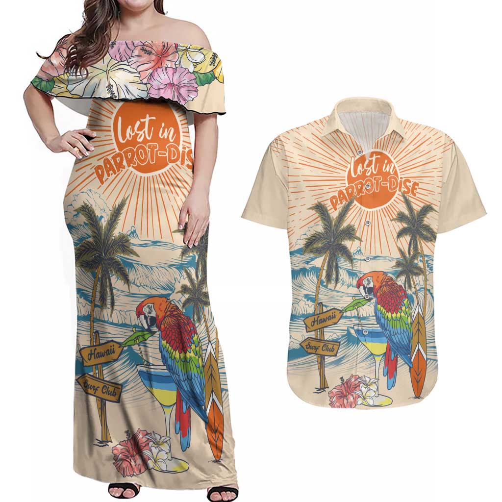 Personalized Christmas In July - Hawaii Retro Couples Matching Off Shoulder Maxi Dress and Hawaiian Shirt Lost In Parrot-dise