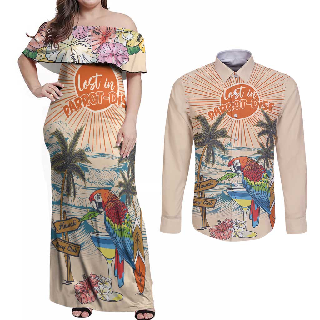 Personalized Christmas In July - Hawaii Retro Couples Matching Off Shoulder Maxi Dress and Long Sleeve Button Shirt Lost In Parrot-dise