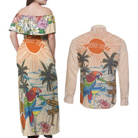 Personalized Christmas In July - Hawaii Retro Couples Matching Off Shoulder Maxi Dress and Long Sleeve Button Shirt Lost In Parrot-dise