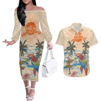Personalized Christmas In July - Hawaii Retro Couples Matching Off The Shoulder Long Sleeve Dress and Hawaiian Shirt Lost In Parrot-dise