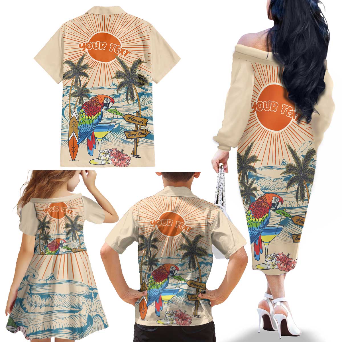 Personalized Christmas In July - Hawaii Retro Family Matching Off The Shoulder Long Sleeve Dress and Hawaiian Shirt Lost In Parrot-dise