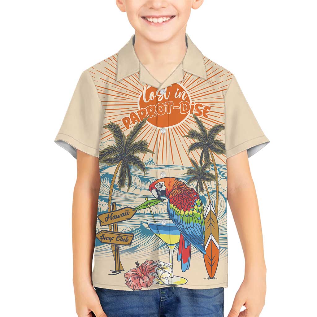 Personalized Christmas In July - Hawaii Retro Family Matching Puletasi and Hawaiian Shirt Lost In Parrot-dise LT7 Son's Shirt Beige - Polynesian Pride
