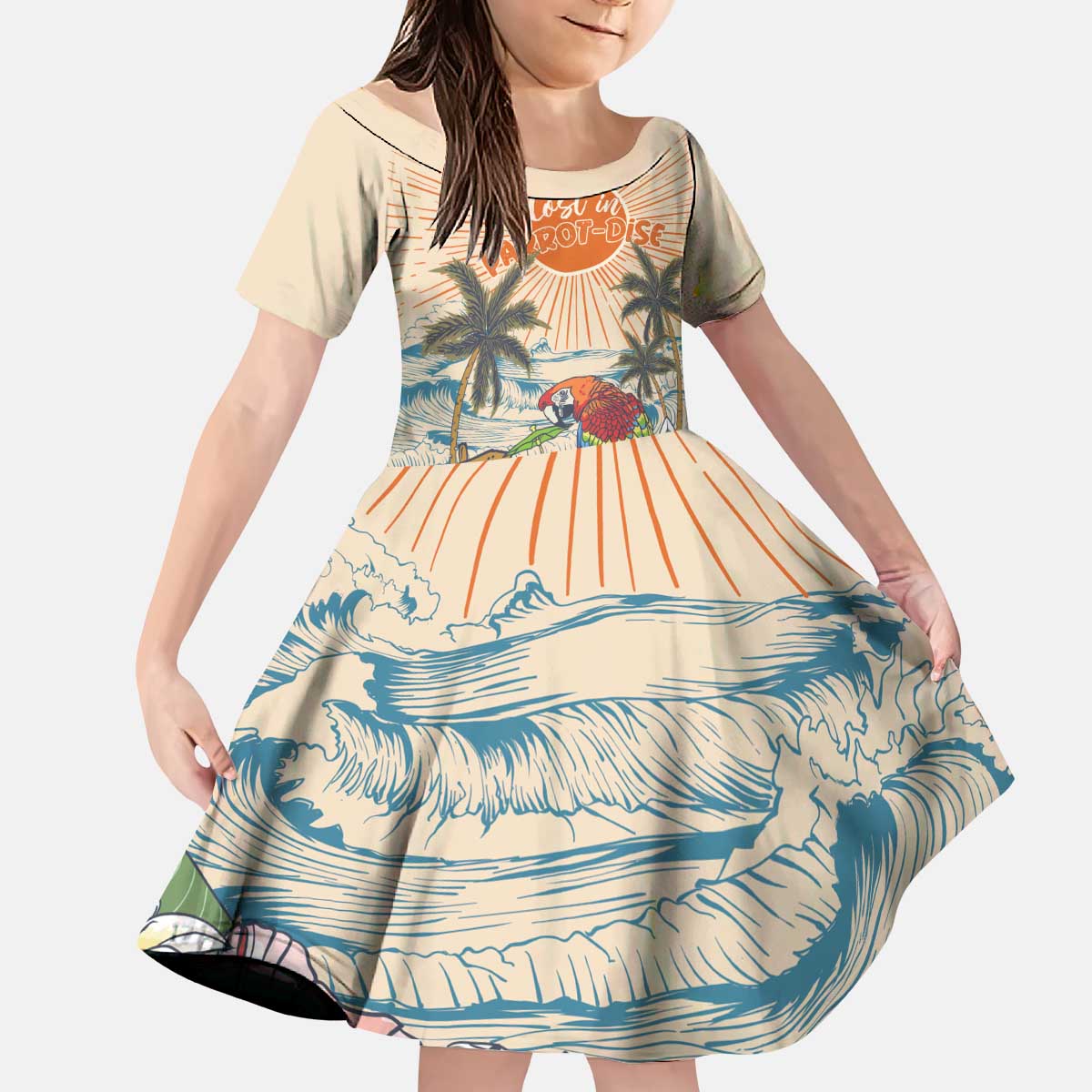Personalized Christmas In July - Hawaii Retro Kid Short Sleeve Dress Lost In Parrot-dise