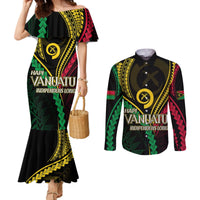 Personalised Vanuatu Couples Matching Mermaid Dress and Long Sleeve Button Shirts 44th Hapi Indipendens Long LT7 Black - Polynesian Pride