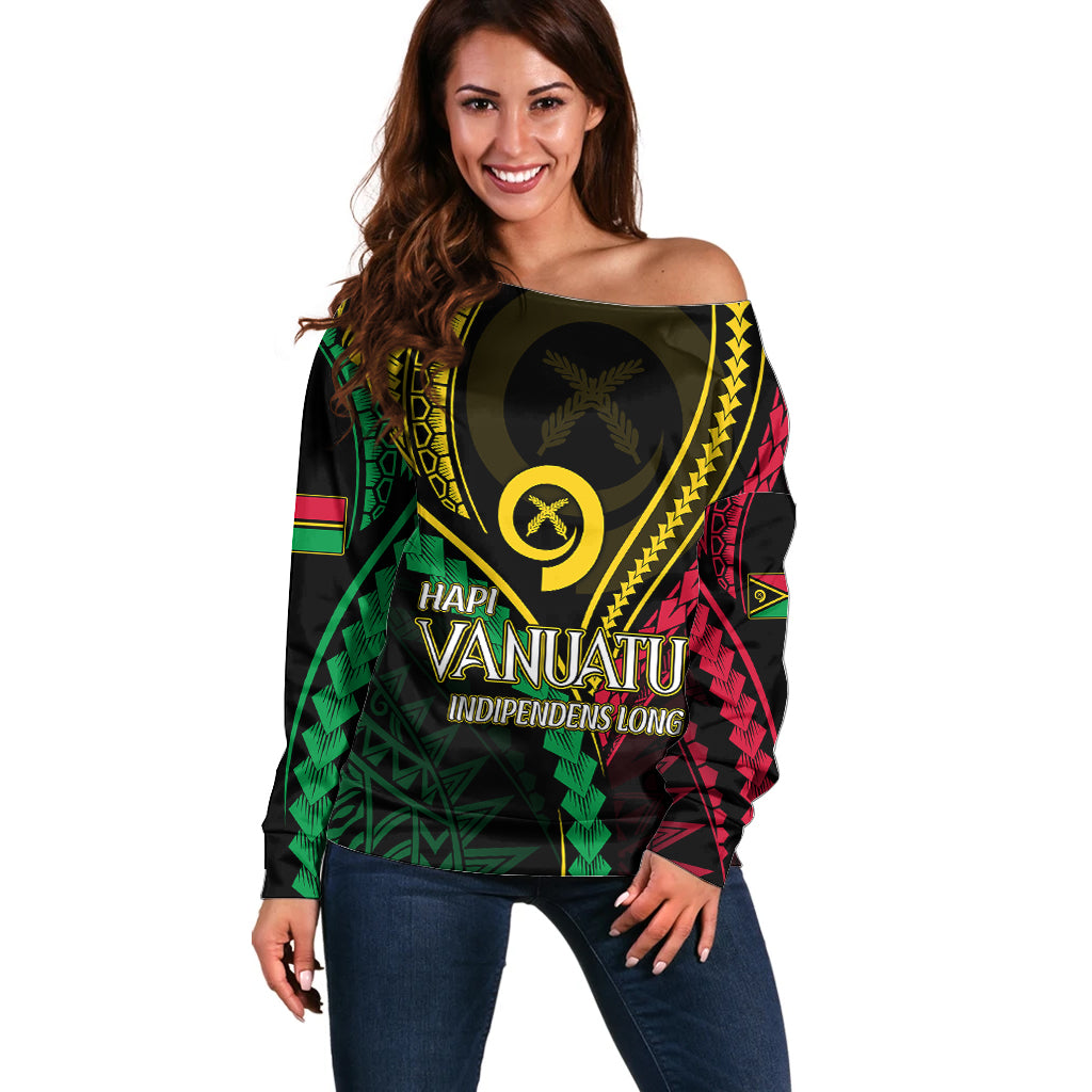 Personalised Vanuatu Off Shoulder Sweater 43rd Hapi Indipendens Long LT7 Women Black - Polynesian Pride