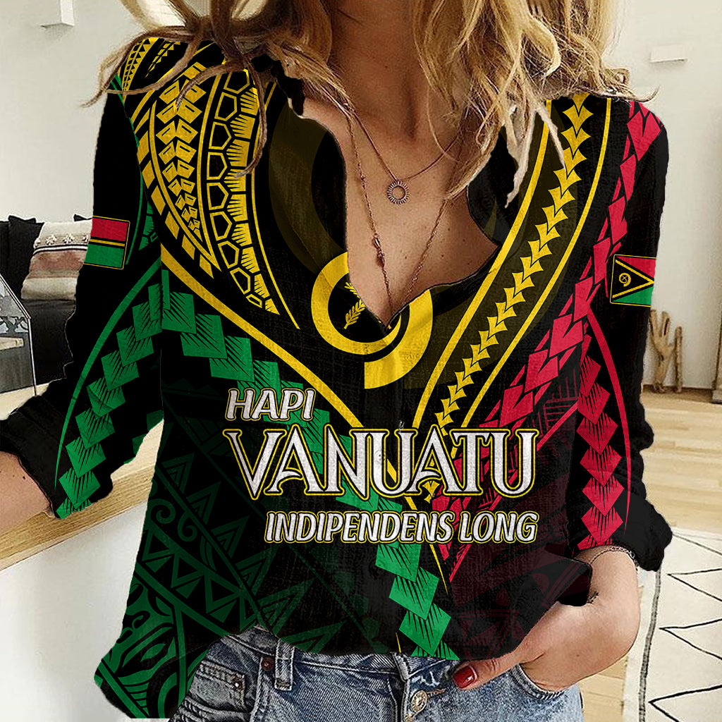 Personalised Vanuatu Women Casual Shirt 44th Hapi Indipendens Long LT7 Female Black - Polynesian Pride