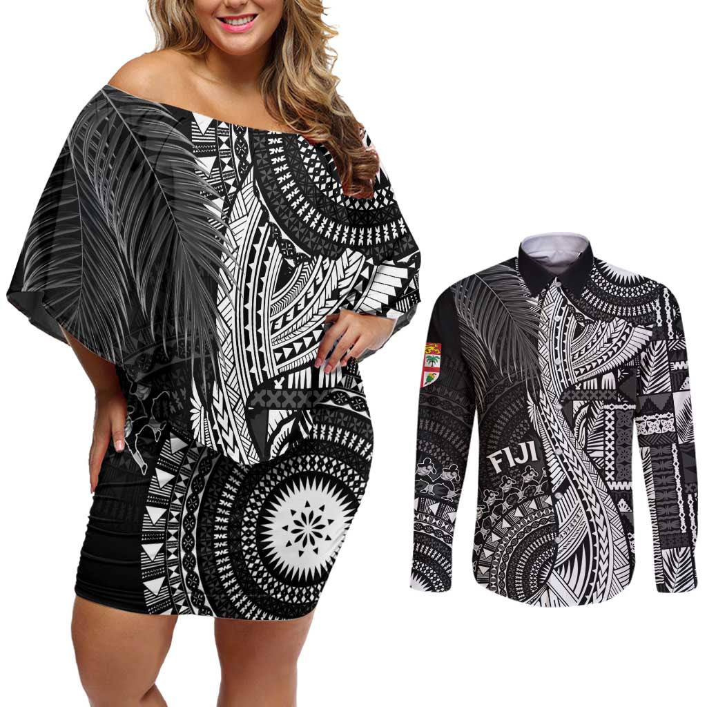 Fiji Rugby Personalised Bula Masi Couples Matching Off Shoulder Short Dress and Long Sleeve Button Shirt Fish Tail Kaivity Cibi - Black