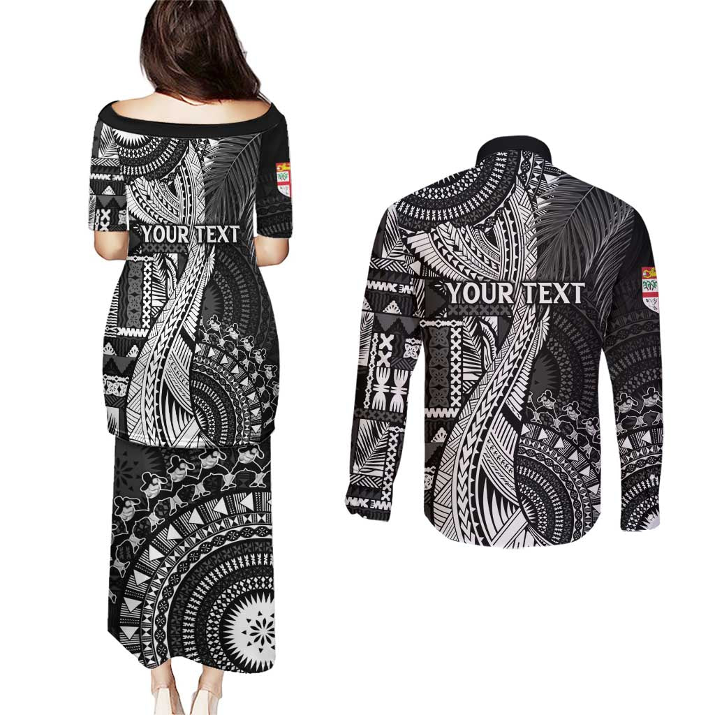 Fiji Rugby Personalised Bula Masi Couples Matching Puletasi and Long Sleeve Button Shirt Fish Tail Kaivity Cibi - Black