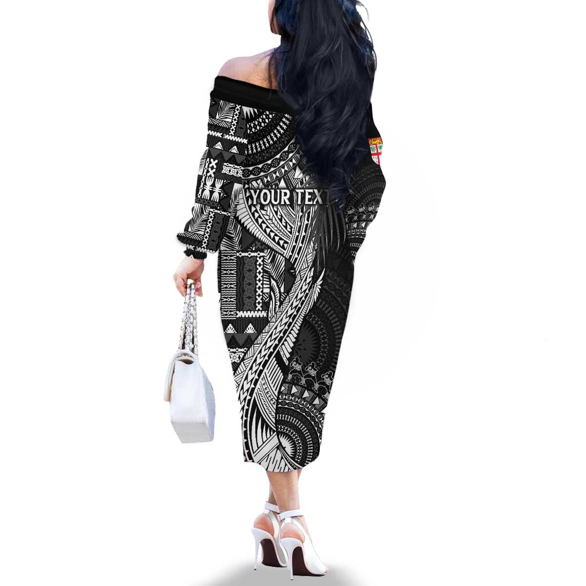 Fiji Rugby Personalised Bula Masi Family Matching Off The Shoulder Long Sleeve Dress and Hawaiian Shirt Fish Tail Kaivity Cibi - Black