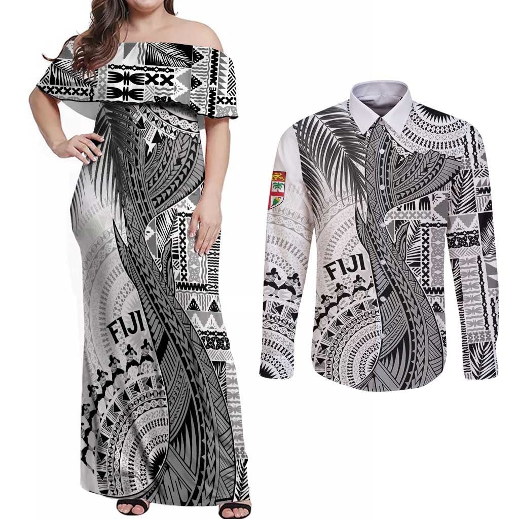 Fiji Rugby Personalised Bula Masi Couples Matching Off Shoulder Maxi Dress and Long Sleeve Button Shirt Fish Tail Kaivity Cibi - White