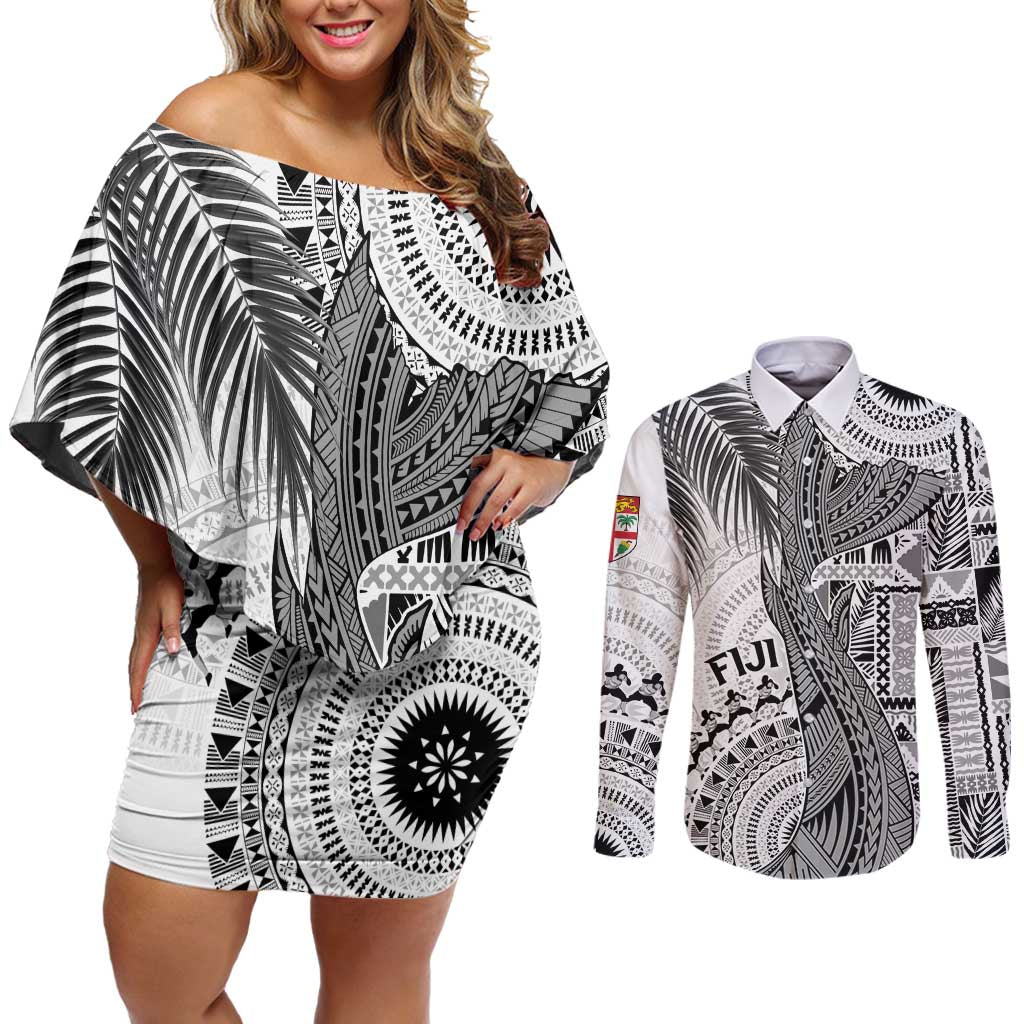 Fiji Rugby Personalised Bula Masi Couples Matching Off Shoulder Short Dress and Long Sleeve Button Shirt Fish Tail Kaivity Cibi - White