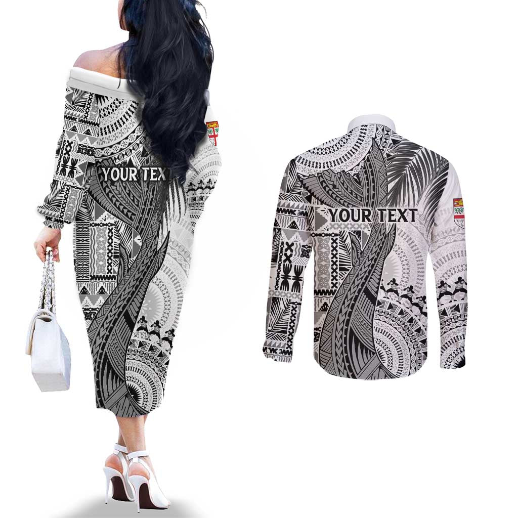 Fiji Rugby Personalised Bula Masi Couples Matching Off The Shoulder Long Sleeve Dress and Long Sleeve Button Shirt Fish Tail Kaivity Cibi - White