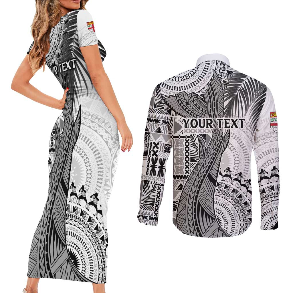 Fiji Rugby Personalised Bula Masi Couples Matching Short Sleeve Bodycon Dress and Long Sleeve Button Shirt Fish Tail Kaivity Cibi - White