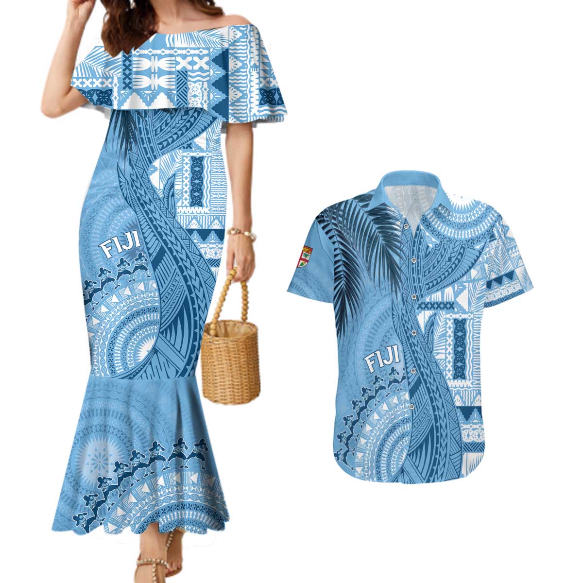 Fiji Rugby Personalised Bula Masi Couples Matching Mermaid Dress and Hawaiian Shirt Fish Tail Kaivity Cibi - Turquoise