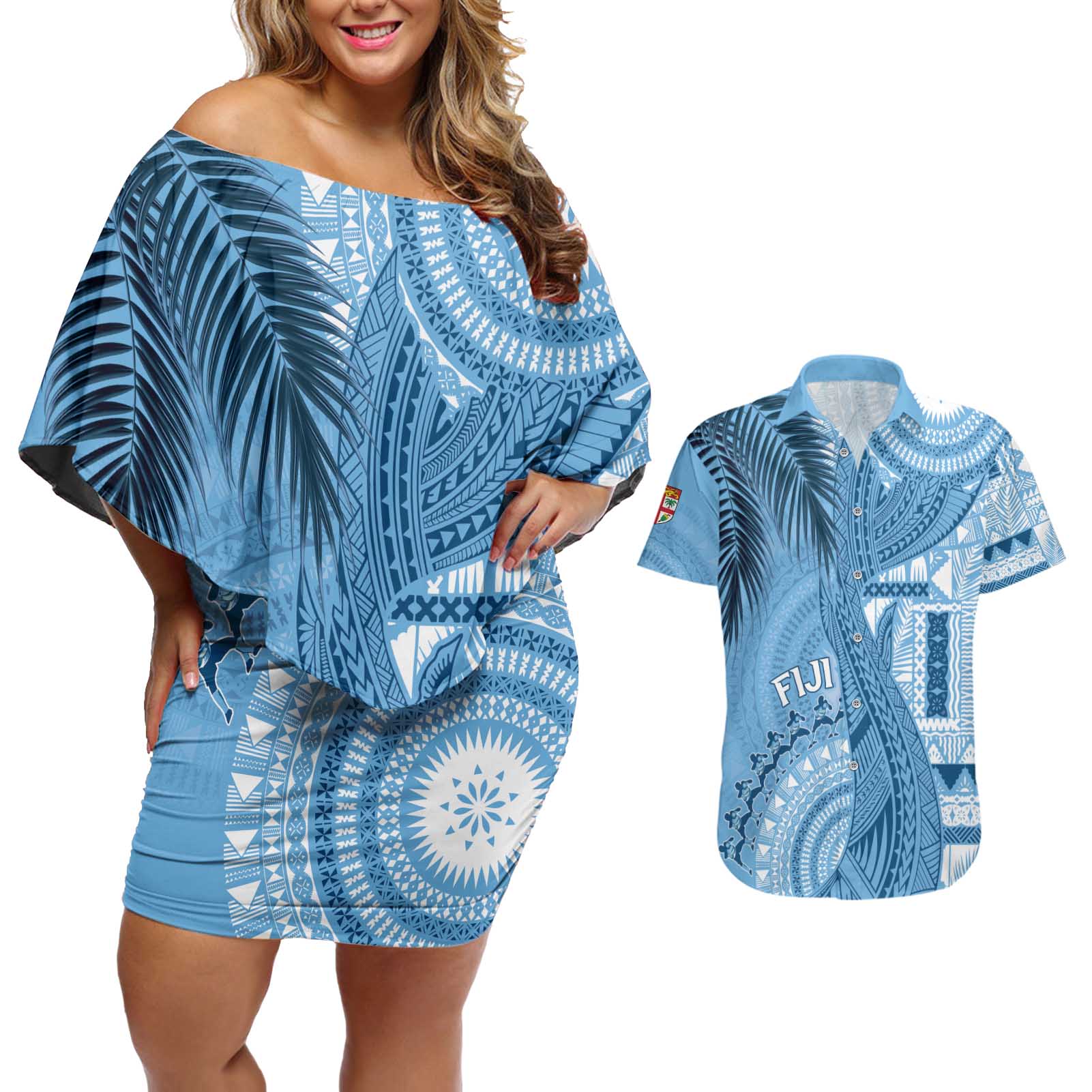 Fiji Rugby Personalised Bula Masi Couples Matching Off Shoulder Short Dress and Hawaiian Shirt Fish Tail Kaivity Cibi - Turquoise