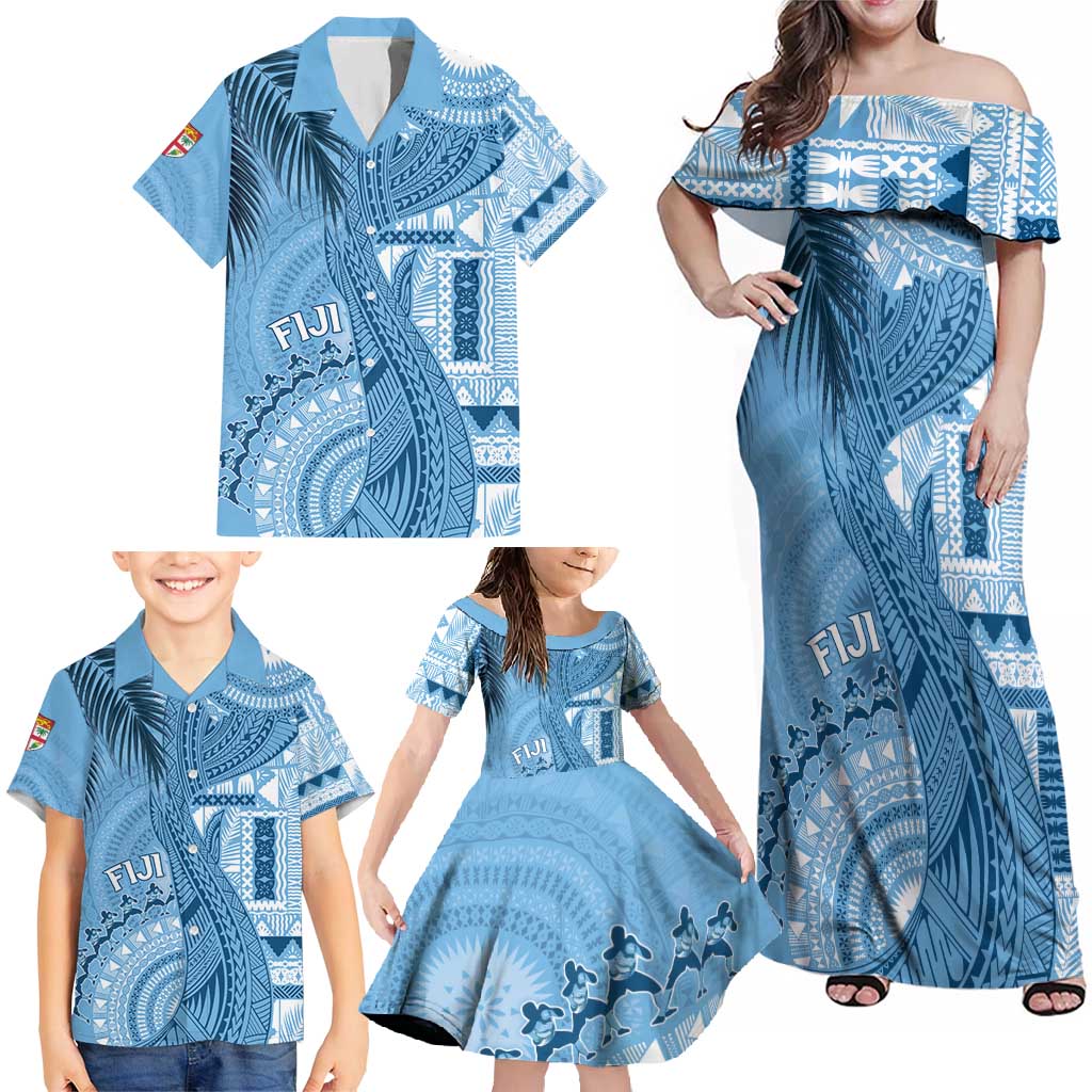 Fiji Rugby Personalised Bula Masi Family Matching Off Shoulder Maxi Dress and Hawaiian Shirt Fish Tail Kaivity Cibi - Turquoise