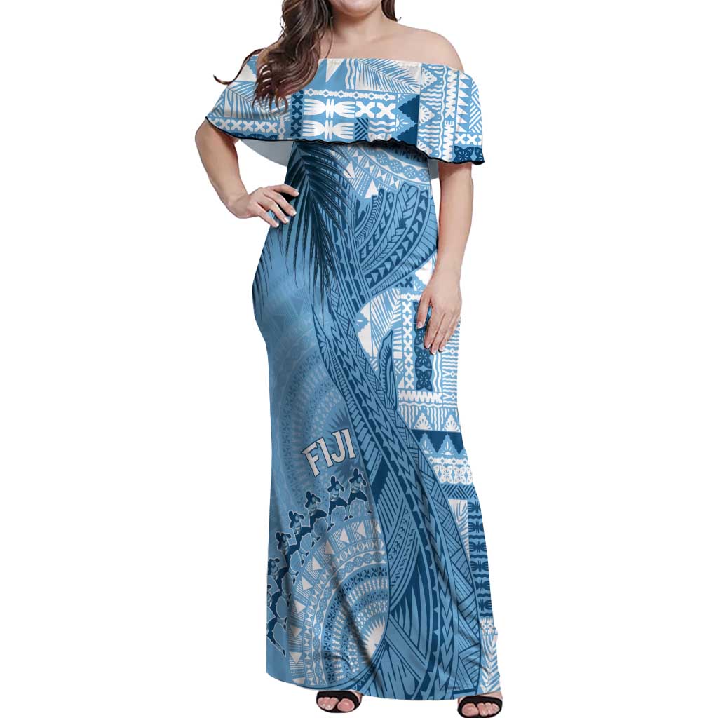 Fiji Rugby Personalised Bula Masi Off Shoulder Maxi Dress Fish Tail Kaivity Cibi - Turquoise