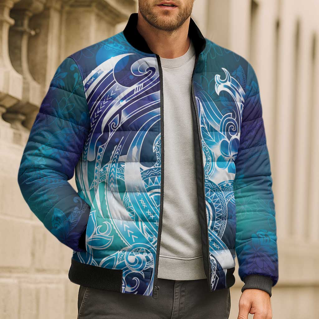 Aloha Hawaii Turtle Bomber Puffer Jacket Teal Purple Ribbon - Polynesian Pride