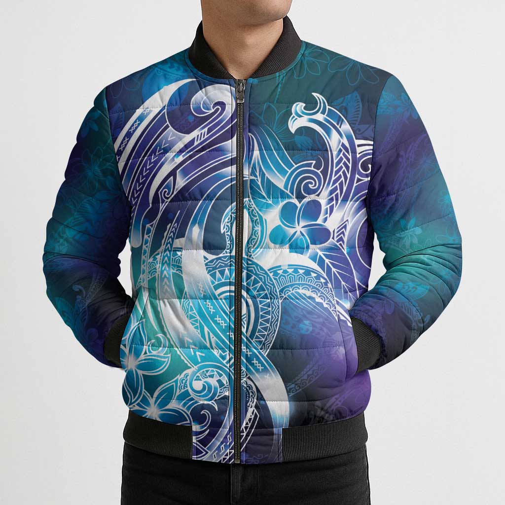 Aloha Hawaii Turtle Bomber Puffer Jacket Teal Purple Ribbon - Polynesian Pride