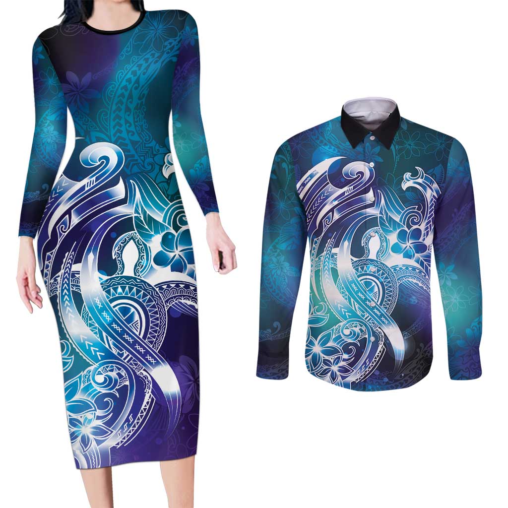 Aloha Hawaii Turtle Couples Matching Long Sleeve Bodycon Dress and Long Sleeve Button Shirt Teal Purple Ribbon - Polynesian Pride