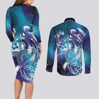Aloha Hawaii Turtle Couples Matching Long Sleeve Bodycon Dress and Long Sleeve Button Shirt Teal Purple Ribbon - Polynesian Pride