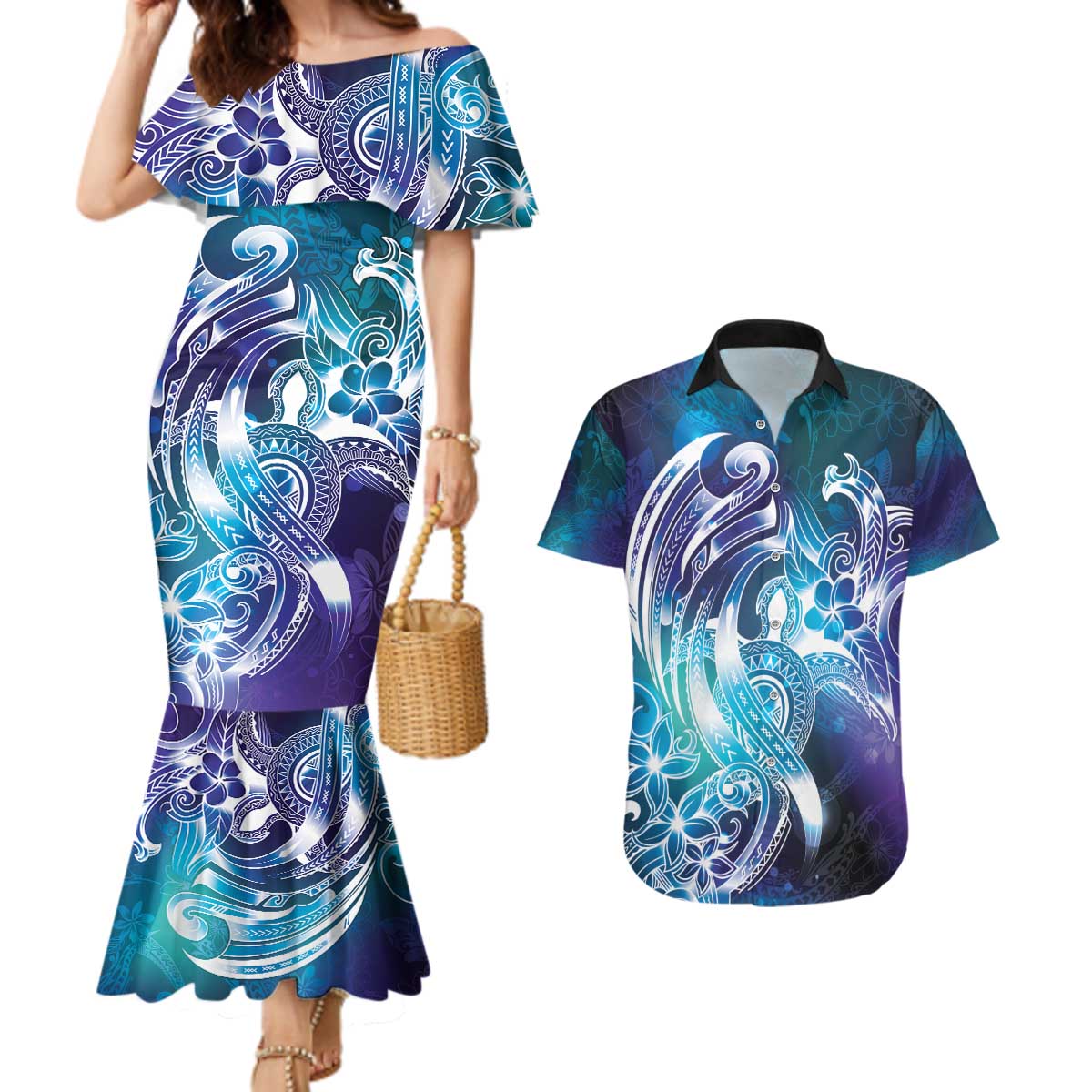 Aloha Hawaii Turtle Couples Matching Mermaid Dress and Hawaiian Shirt Teal Purple Ribbon - Polynesian Pride