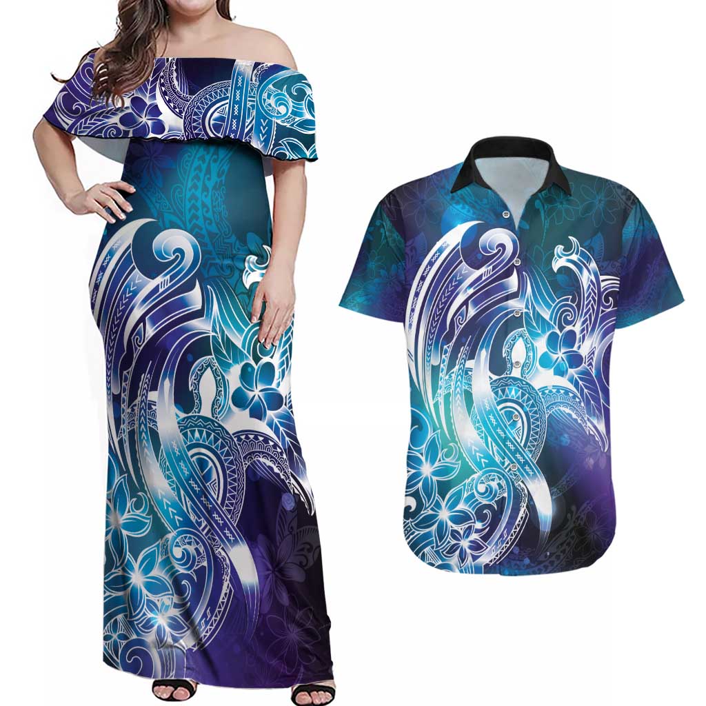 Aloha Hawaii Turtle Couples Matching Off Shoulder Maxi Dress and Hawaiian Shirt Teal Purple Ribbon - Polynesian Pride