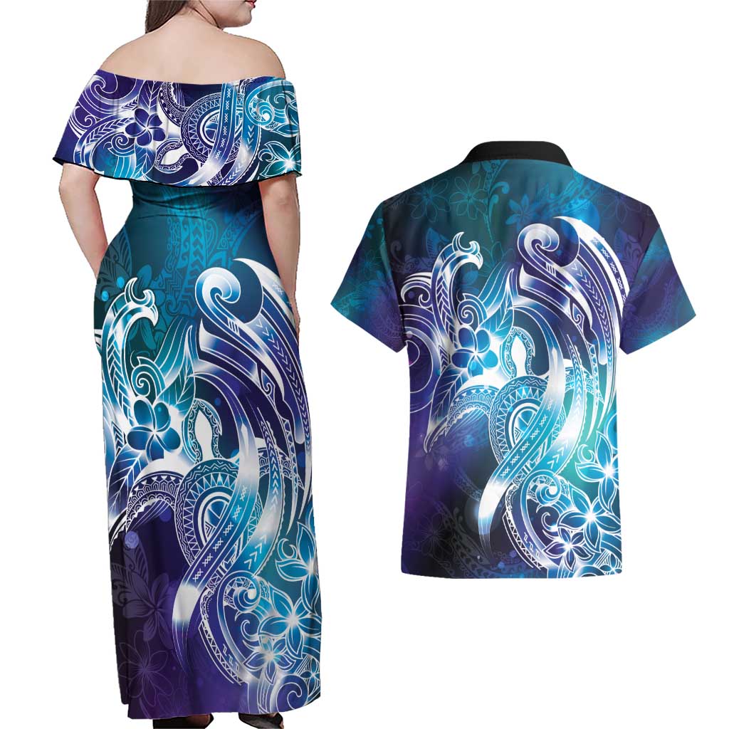 Aloha Hawaii Turtle Couples Matching Off Shoulder Maxi Dress and Hawaiian Shirt Teal Purple Ribbon - Polynesian Pride